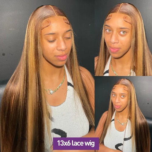 34Inch Bone Straight Highlight Human Hair 4/27 13x4 Lace Frontal Wig For Women - Bild 5 von 13