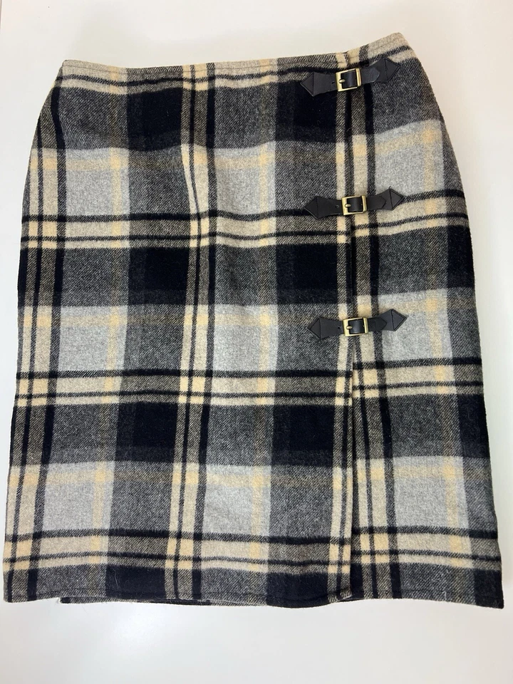 Falda envolvente vintage JONES WEAR a cuadros mezcla de lana con hebillas de cuero - talla 6 Foto 2 de 4