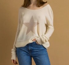 Vintage 90s Beige Star Front Long Sleeve Cashmere Sweater L EUC