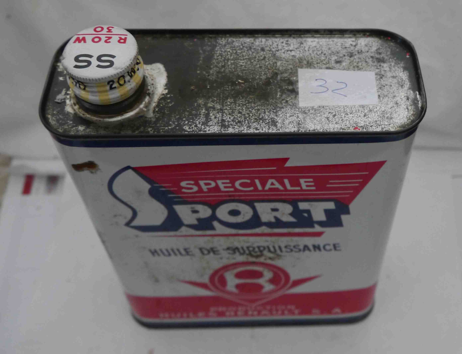 Ancien bidon huile Renault Spéciale Sport SS R20W30 bidon métal vintage publicitaire