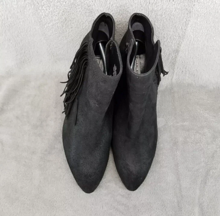 Bota Charles David 8.5 preta camurça franja cowgirl western rocker grunge wedge - Imagem 3 de 4