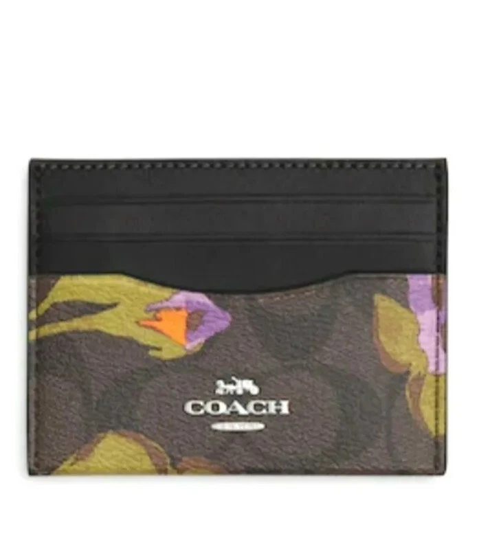 NUEVO 💯 AUTÉNTICO Estuche para Tarjetas Coach Delgado para Mujer n Signature Lona Marrón Multi $83