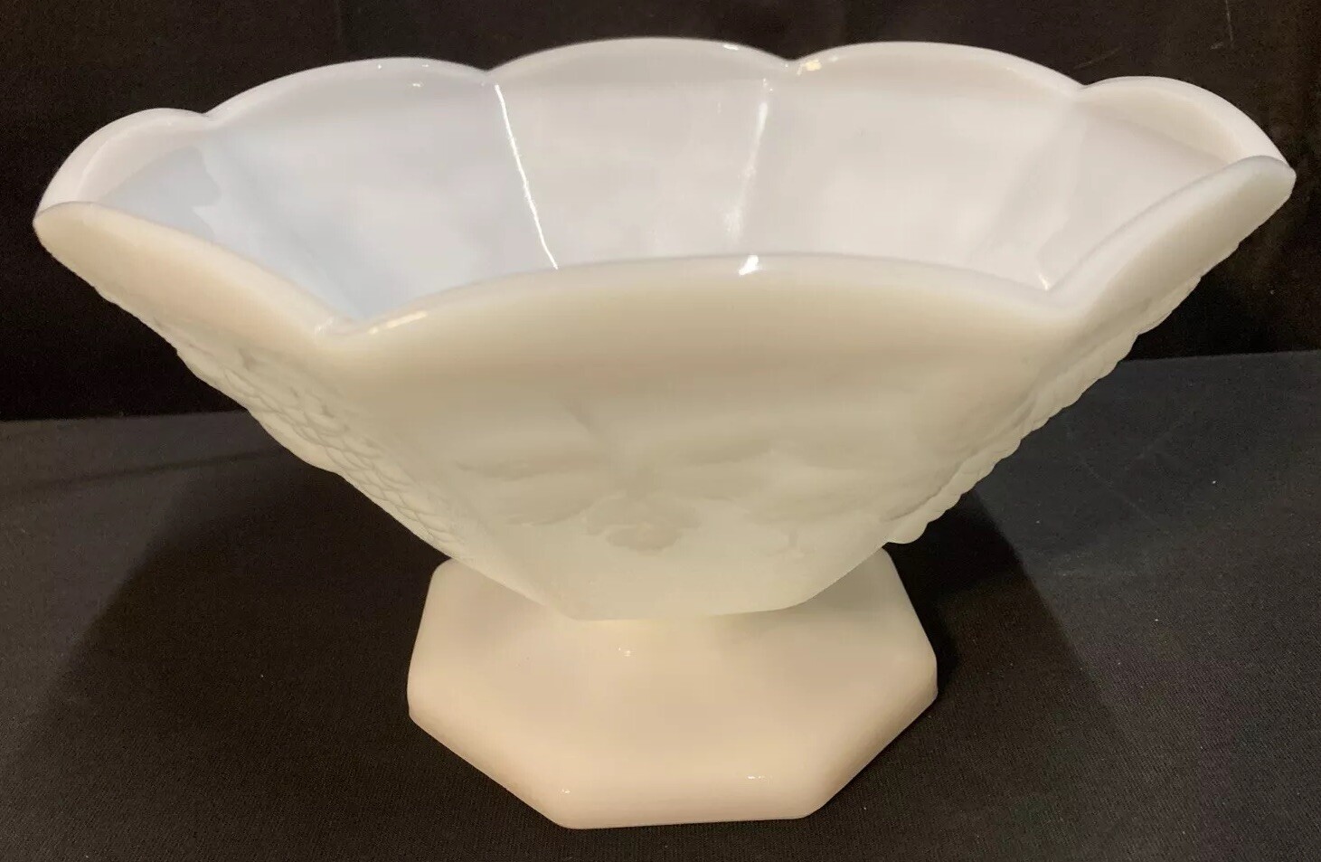 Vintage 9 Inch White Milk Glass Punch Bowl with Grape Vine Pattern
