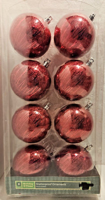 Holiday Time Eight Count Shatterproof Christmas Tree Ornaments (Red) 3 In