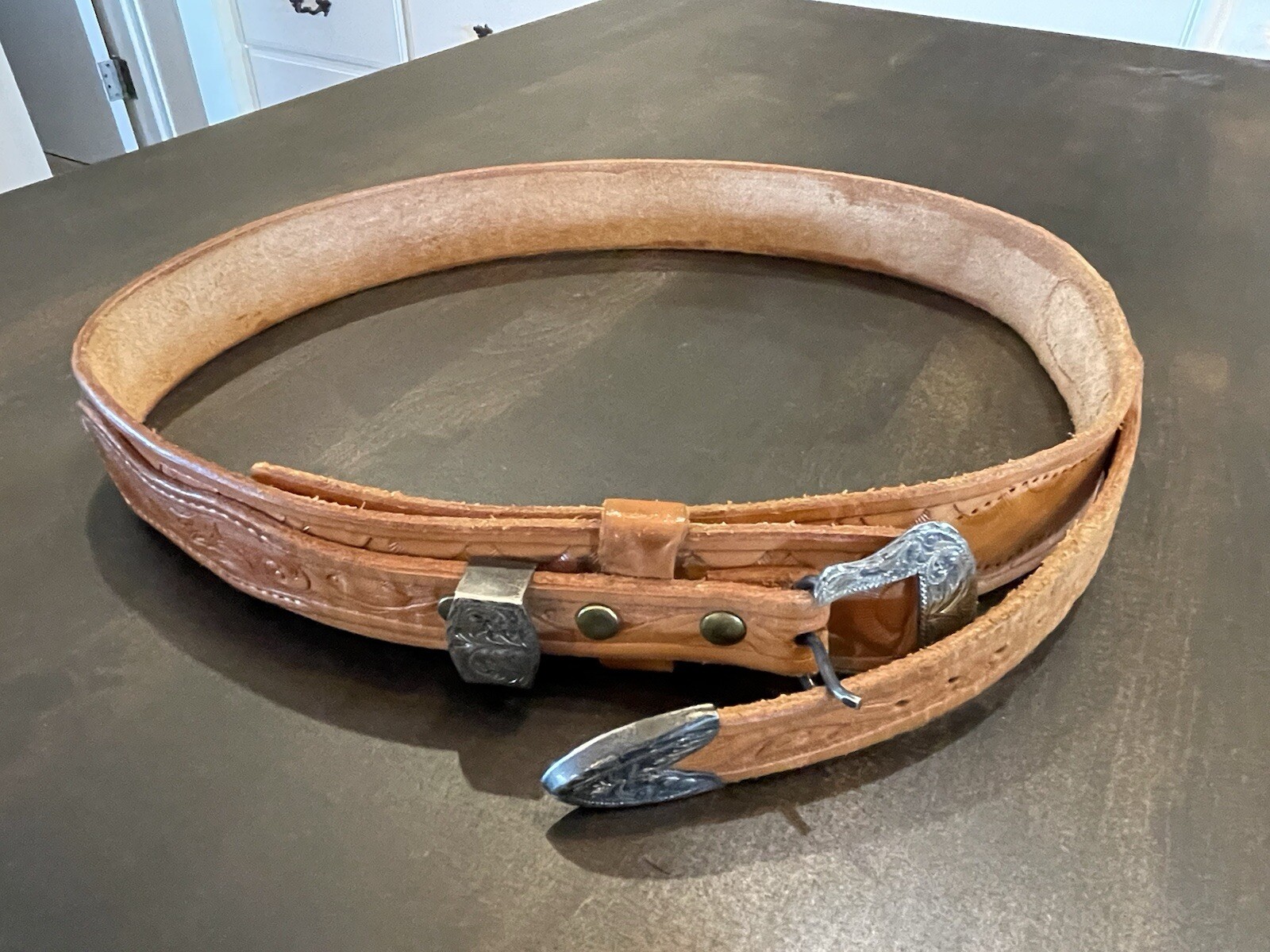 Western Belt With Sterling Silver Buckle / Trim 925 Size 32-36 Genuine Leather