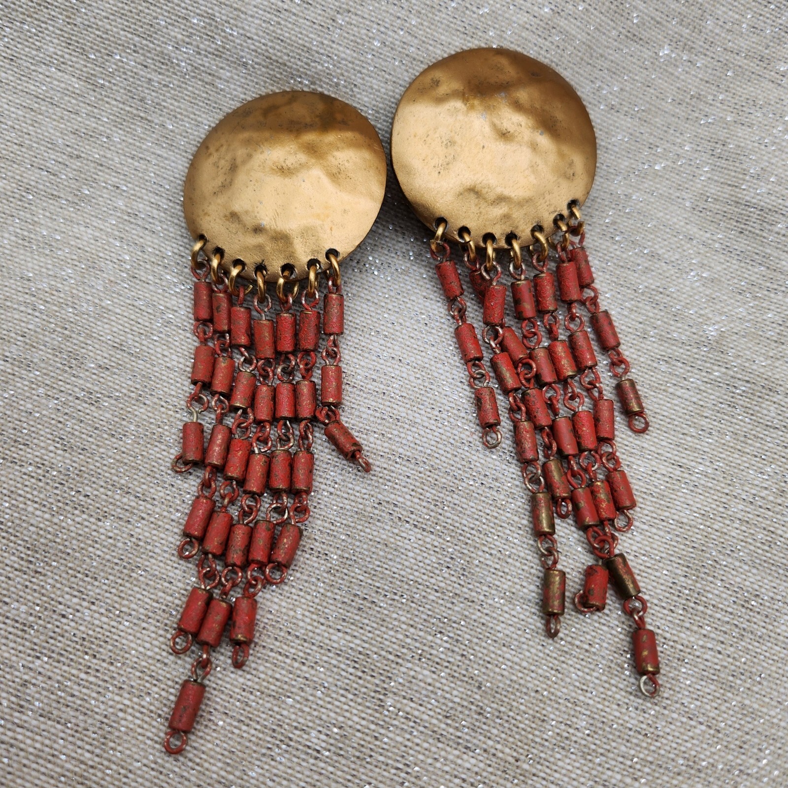Beaded Dangling Gold Tone Long Clip -On Earrings