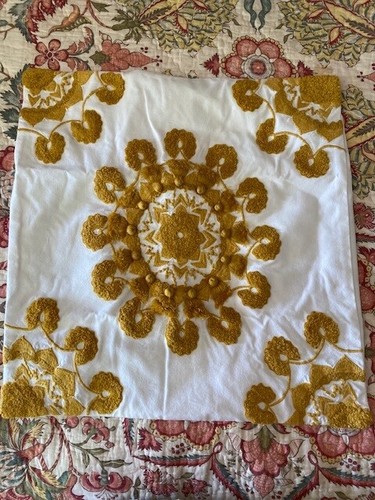 Pottery Barn 20” Square Pom Pom Medallion Embroidered Pillow Cover Gold - Picture 2 of 6