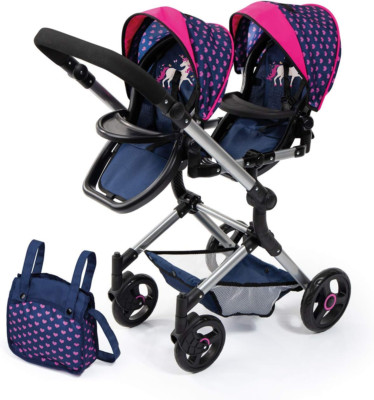 Twin Doll Pram Neo,Blue with Unicorn and Hearts,18 Inch