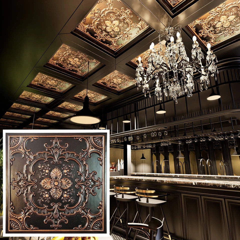 Azulejos de techo de pintura de hojalata sintética PVC 3D paneles de pared PL19 cobre tradicional 10 piezas Foto 3 de 4