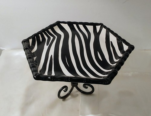 Pedestal Plate Zebra Earthenware Dessert or Jewelry Stand 1980s 6.25" Tall - Picture 2 of 8