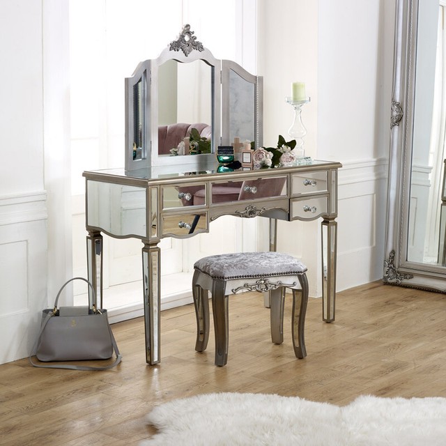 French Style Dressing Table Antique Grey Furniture Large Vintage Room Stool Set For French Style Dressing Table Antique, Vintage Style Vanity Table With Mirror