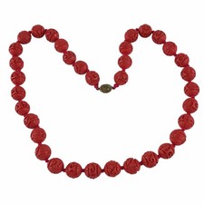 Vintage Asian Chinese Carved Red Cinnabar Lacquer Bead Metal Clasp Necklace