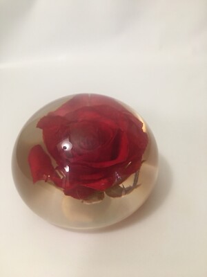 Vintage Tarax Infinity Clear Lucite Red Rose Flower Paperweight 3'' The Bachelor