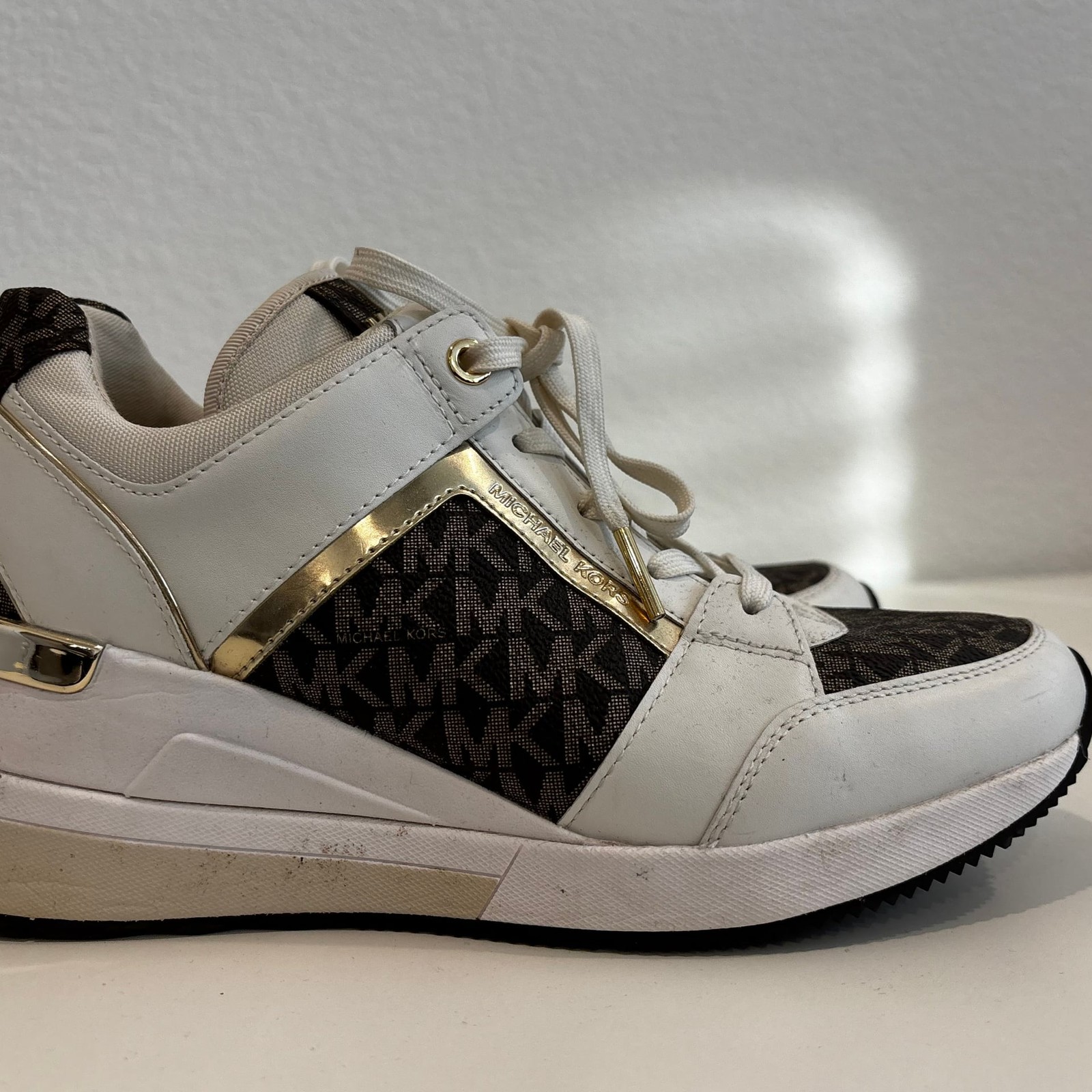Michael Kors Georgie Trainer Wedge Sneakers in Optic White & Brown Signature Log thumbnail 4