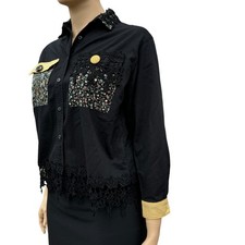 GIRLFRIeNds Women L Black Twill Shirt Floral Lace Trim Check Cuffs USA Made