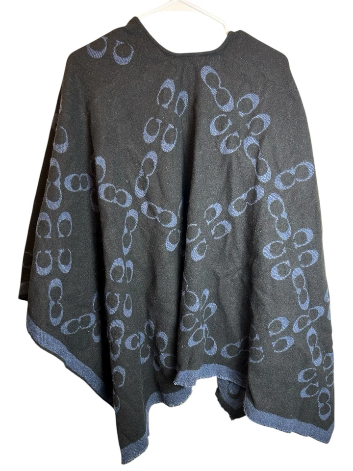 Poncho Coach Signature azul negro reversible 80 % lana monograma OS Foto 4 de 4