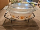 Vintage Pyrex Town & CountrySnowflake Orange 1.5 Qt Casserole Dish w/lid/stand