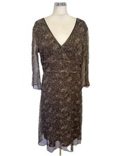 ESPRIT BROWN PRINT 100% SILK V NECK 3/4 SLEEVED TEA DRESS SIZE 16