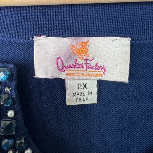 Quacker Factory 2X Beaded Notched Neckline Blue Long Sleeve Knit Sweater Top - Picture 3 of 8