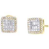 10K Gelbgold Baguette Diamant 7Mm Doppelt Quadrat Halo Stecker Ohrringe 0,28 Ct