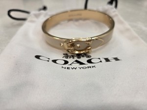 Authentic Coach Buckle Bangle Bracelet Signature C Gold Plated & Chalk Enamel Hinged