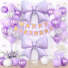 Purple Bow Birthday Decorations for Girls, Purple Happy Birthday Banner