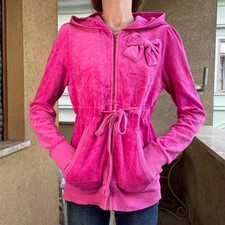 2000s Juicy Couture Y2K Pink Velour Zip Hoodie Bow Drawstring vintage Women L