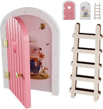 Tooth Fairy Door, Pink Wooden Fairy Door with Ladder Cute Mouse, Natural Wood