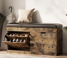 40" Shoe Storage Bench with 2 Flip Drawers & Padded Seat, Vintage Brown