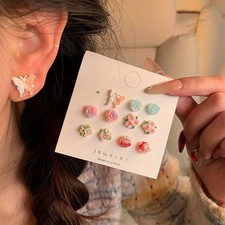 Women's Colorful Resin Flower Butterfly Ear Studs Set Sweet Earrings Jewelry