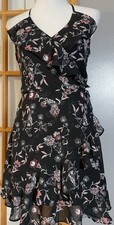 Francesca’s Mi Ami Faux Wrap Dress Sz S Black Pink Floral Ruffles City Clubwear
