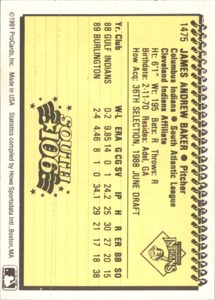 Andy Baker 1991 ProCards #1475 RC Columbus Indians *AutographDen* - Image 2 of 2