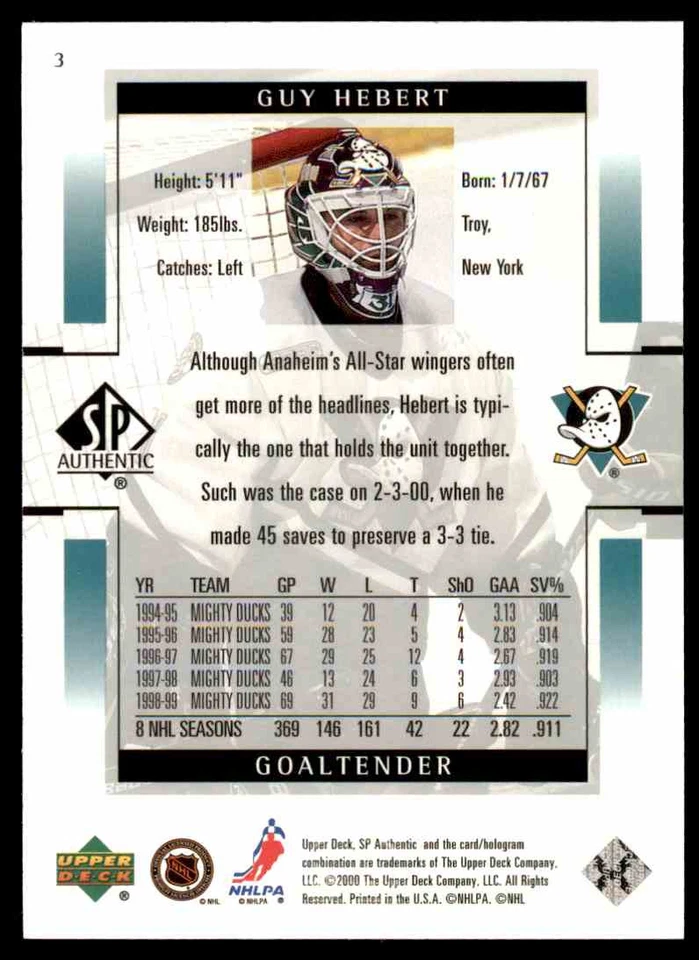 1999-00 SP AUTHENTIC GUY HEBERT ANAHEIM MIGHTY DUCKS #3 - Image 2 of 2
