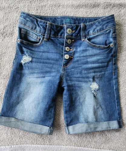 There Abouts Bermuda Jean Shorts Girls Size 7 Snap Distressed Frayed Blue Demin