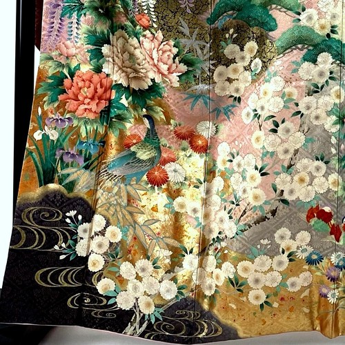 Japanese kimono SILK"FURISODE" Peonies,Birds, Gld thread/leaf,M size,L5'5"..4410 - Picture 3 of 13
