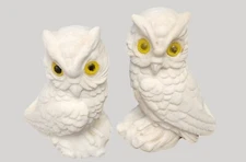 White Owl Salt Stone Figurines w Yellow Eyes Set Of 2 Home Decor 4.5 Inch Tall