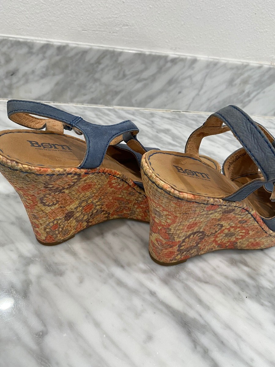 Born Blue Leather Sandals With Wedge Heel With Flowers And  display picture 1
