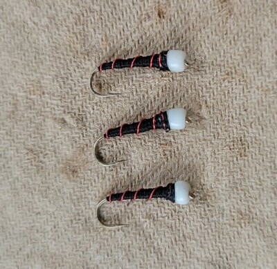 3x DB White Hot Head BLACK Buzzer RED Rib Forelle Äsche Fliegenfischen Fly Gr. 14