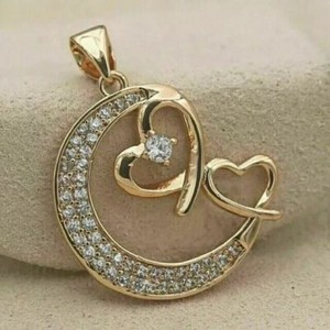Authentic 1.80Ct Round Cut Real Moissanite Half Moon Heart Pendant 14K Yellow Gold Plated