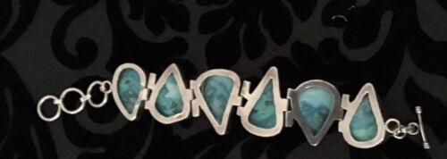 Abalone Shell Sterling Silver 925 Turquoise Blue Chunky Designer Bracelet - Picture 6 of 11
