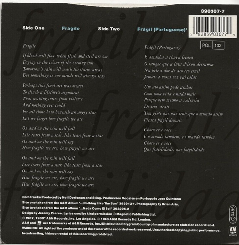 STING FRAGILE (SUNG IN ENGLISH/PORTUGUESE) GERMANY SINGLE + HUGE POSTER, MINT - Picture 2 of 2
