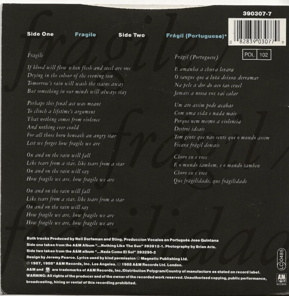STING FRAGILE (SUNG IN ENGLISH ONE SIDE, PORTUGUESE THE OTHER) GERMANY SINGLE - Image 2 of 2