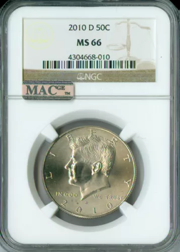 2010 D KENNEDY HALF DOLLAR NGC MS66 PQ BUSINESS STRIKE MAC SPOTLESS .