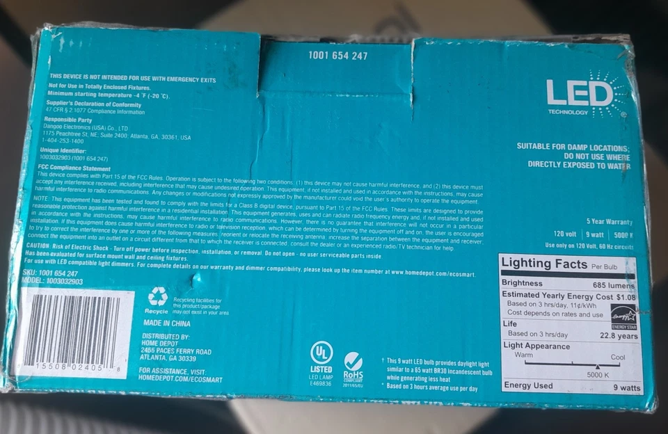 EcoSmart 65/9W Equivalent Daylight White BR30 Dimmable LED Light Bulb (6 pack} - Image 2 of 2