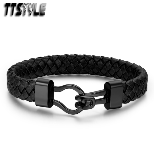 TTstyle 12mm Width Black Leather 316L Stainless Steel Clip Bracelet - Bild 1 von 1