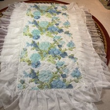 Vintage Green  Blue Foral Design Double Ruffles Girls Twin Bedspread Coverlet