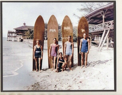 KAHANAMOKU FRIENDS/BROTHERS 1925? WAIKIKI HAND COLORED FOTO ON 8X10'' MAT BOARD 