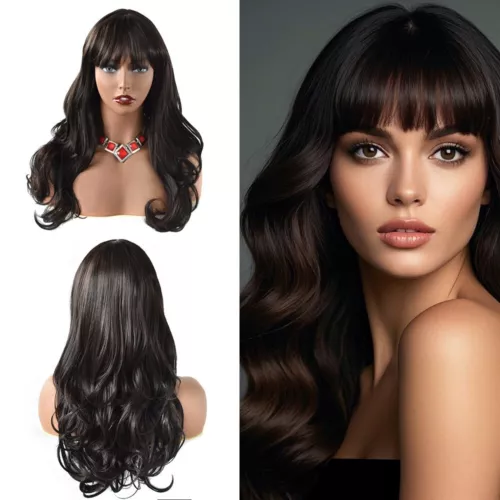 Women Synthetic Wig Long Wavy Hair with Bangs Machine Made Full Cap Glueless Wig