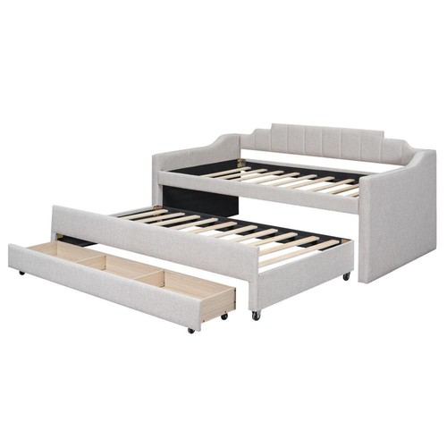 Twin Size Upholstered Daybed with Trundle and Three Drawers Beige - Picture 6 of 16