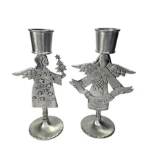 Seagull Pewter Angel Candlestick Holders Christmas Holiday Decor Set 2 Joy Vtg
